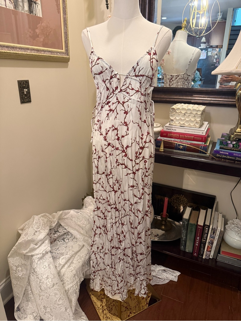 Floral White Maxi Dress with Burgundy Floral Branch Print